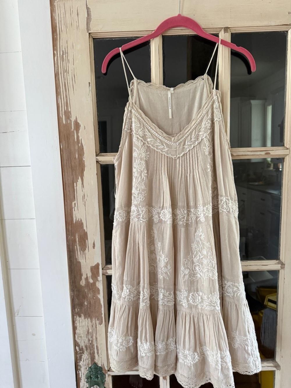 Anthropologie Cream Embroidered Tiered Mini Dress